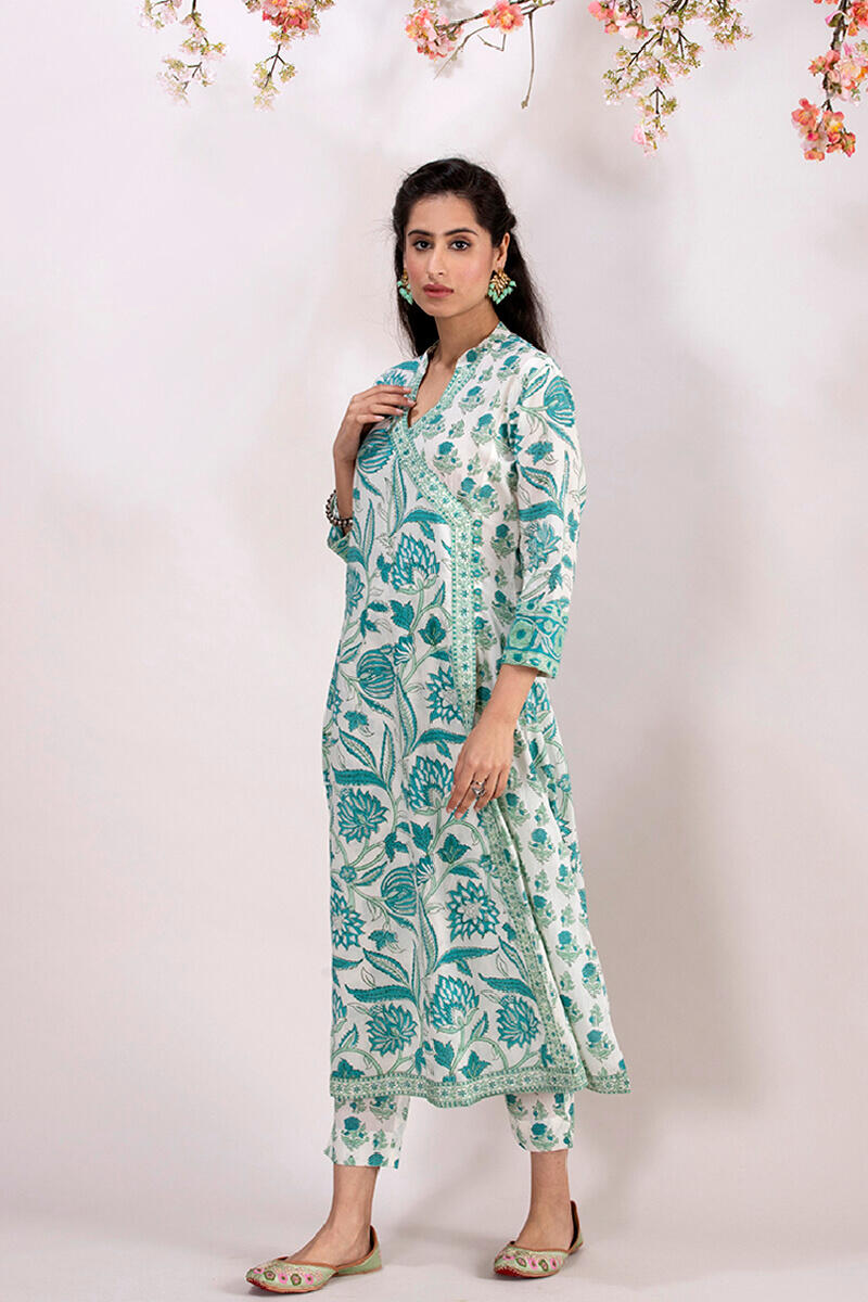Turquoise Block Printed A-line Cotton Kurta