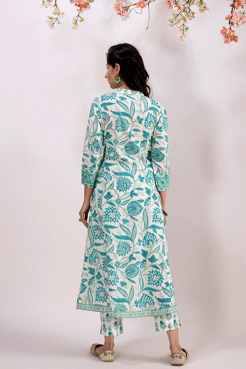 Turquoise Block Printed A-line Cotton Kurta