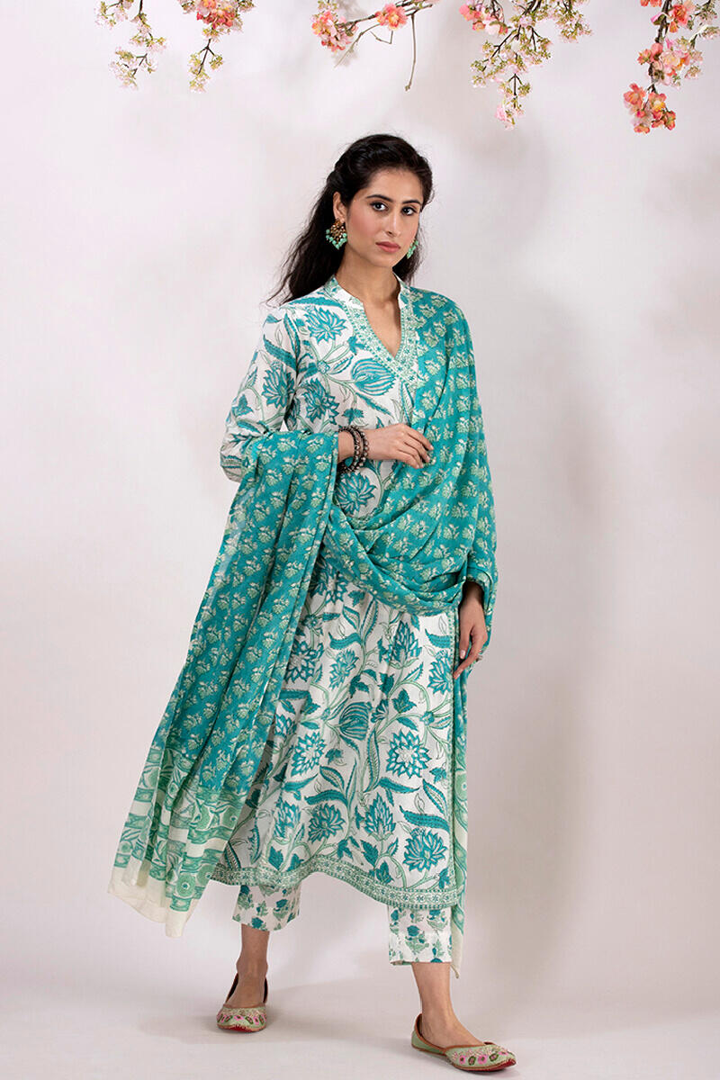 Turquoise Block Printed A-line Cotton Kurta