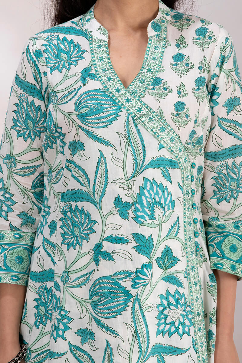 Turquoise Block Printed A-line Cotton Kurta