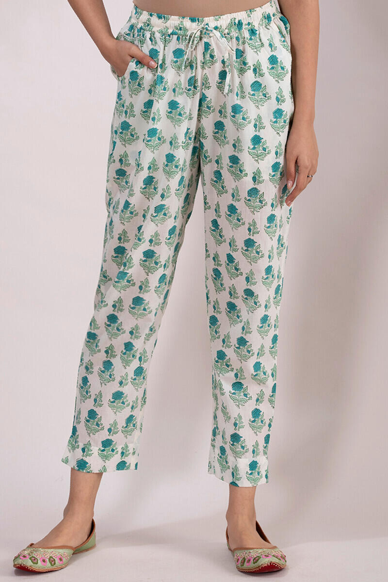 Turquoise Block Printed Cotton Narrow Pants