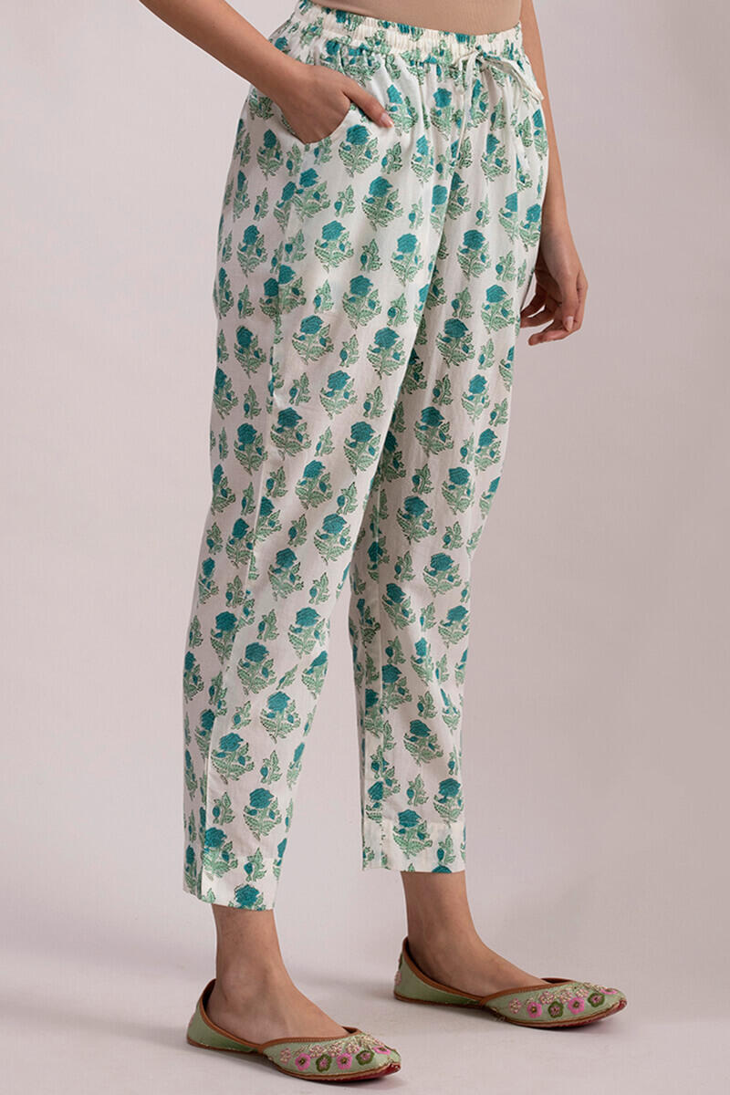 Turquoise Block Printed Cotton Narrow Pants