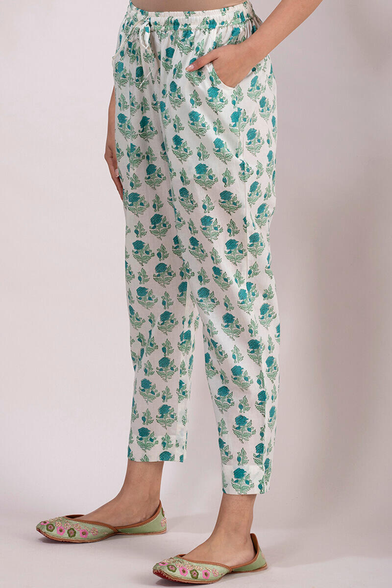 Turquoise Block Printed Cotton Narrow Pants