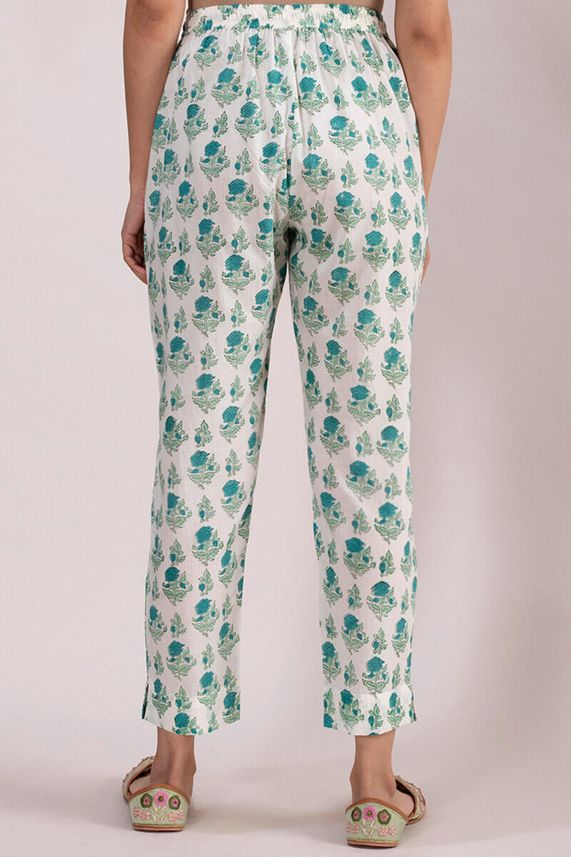 Turquoise Block Printed Cotton Narrow Pants