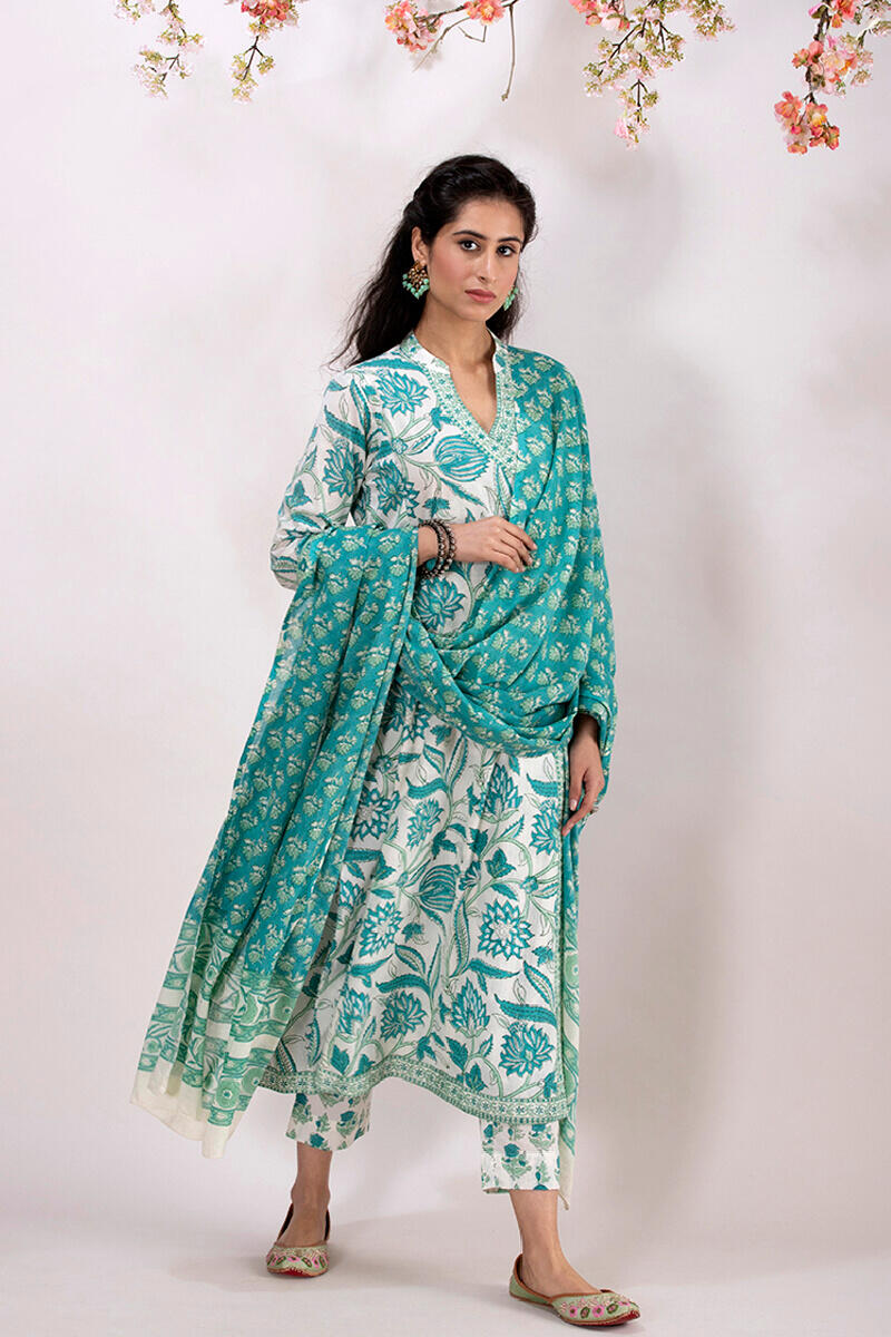 Turquoise Block Printed Cotton Narrow Pants