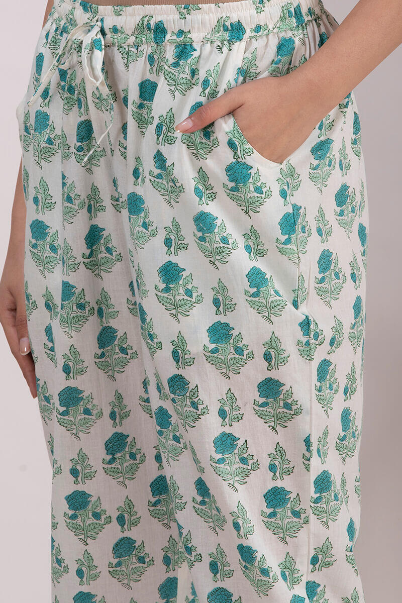 Turquoise Block Printed Cotton Narrow Pants