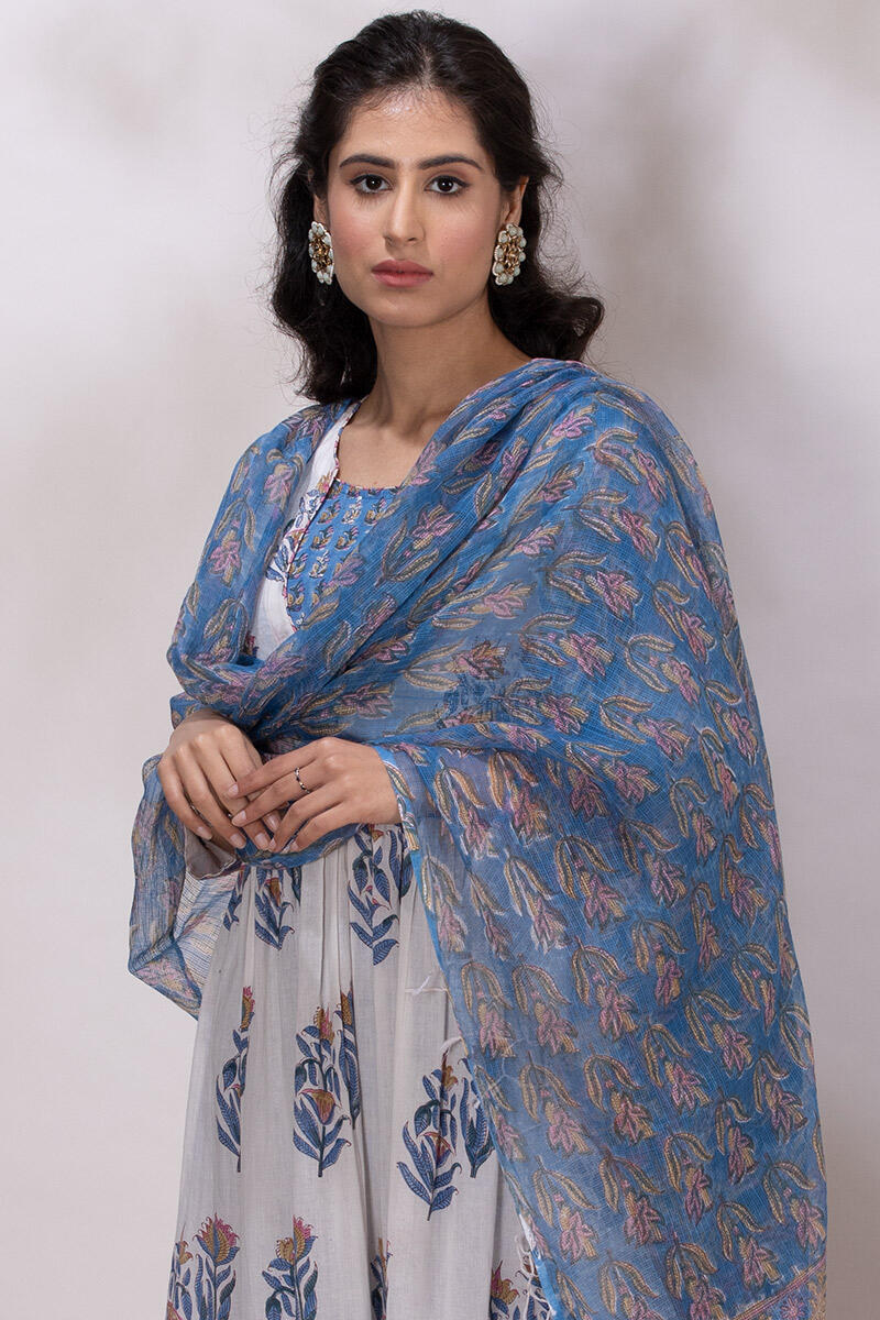 Blue Block Printed Kota Dupatta