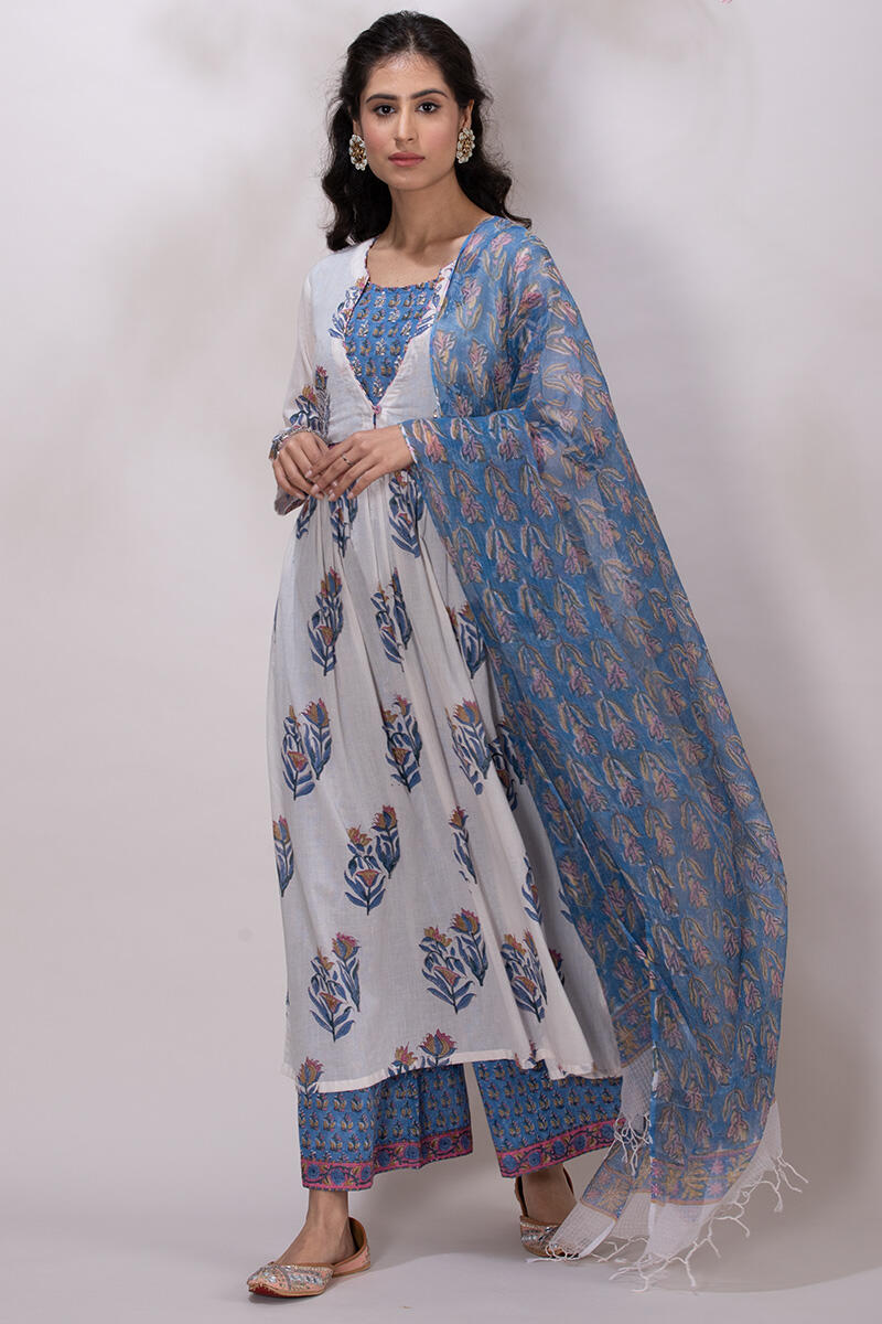 Blue Block Printed Kota Dupatta