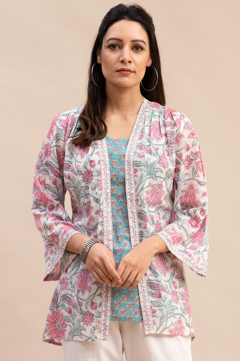 White Block Printed Cotton Kimono