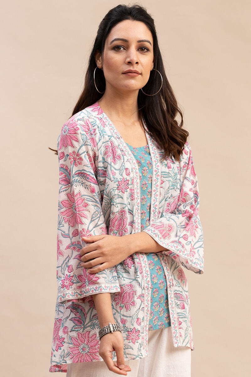 White Block Printed Cotton Kimono