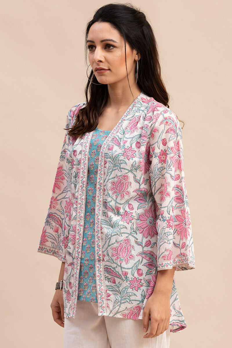 White Block Printed Cotton Kimono