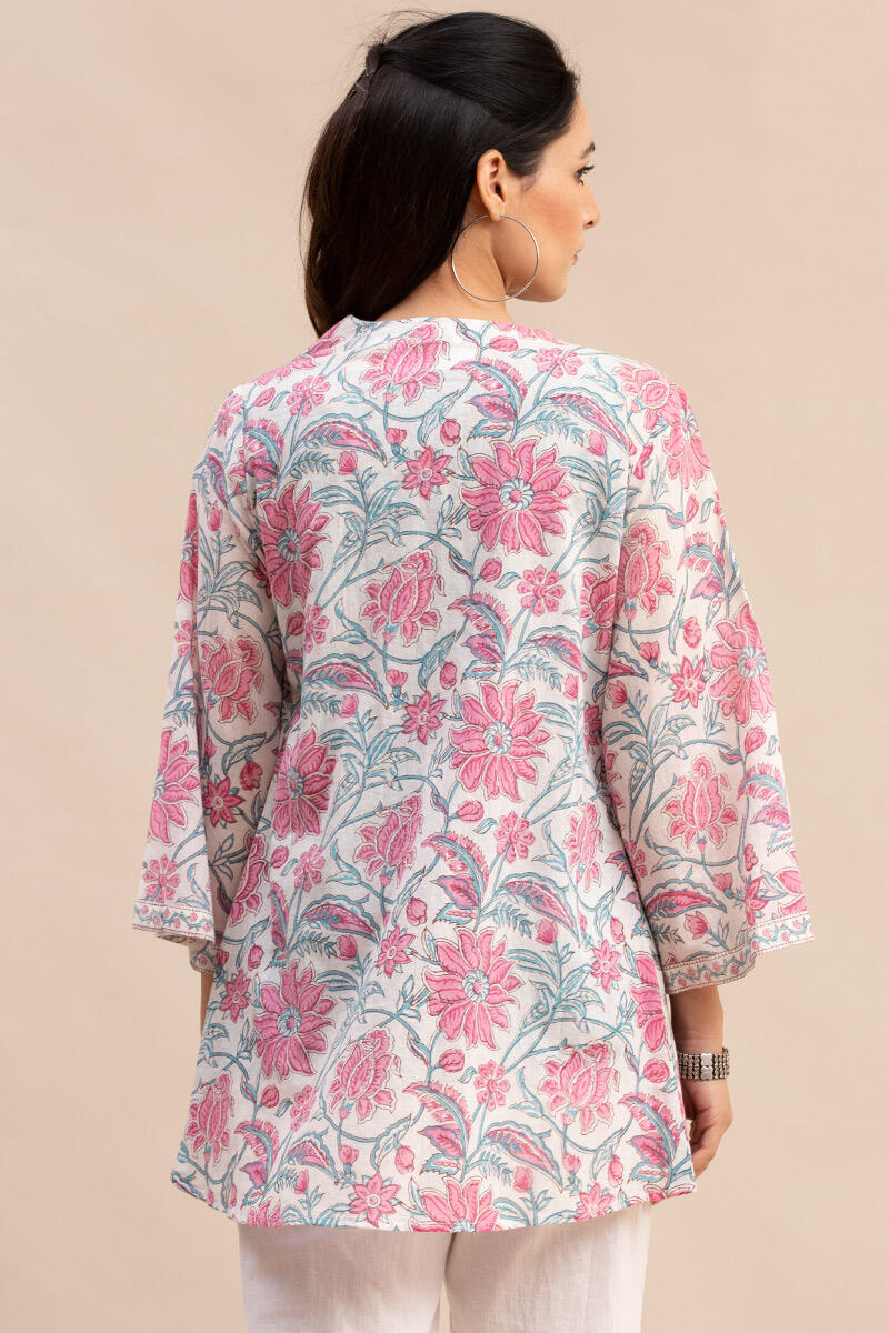 White Block Printed Cotton Kimono