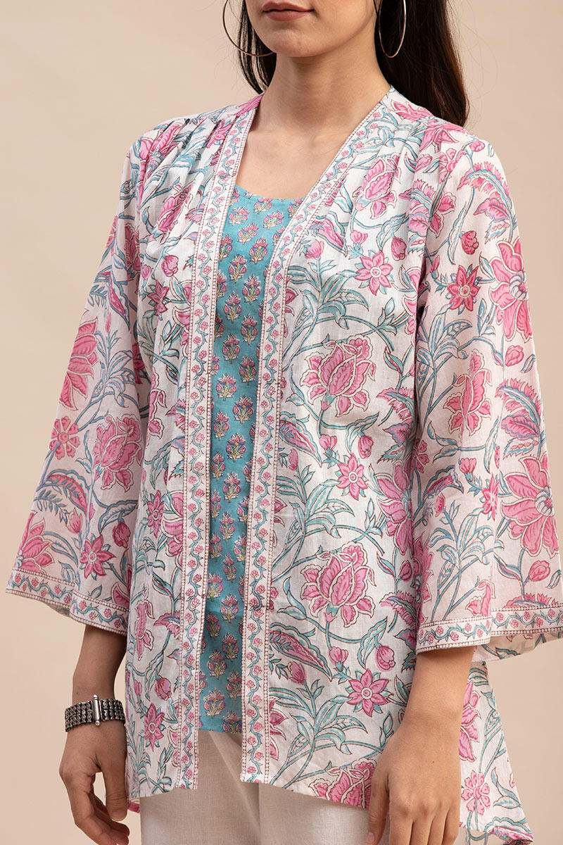 White Block Printed Cotton Kimono