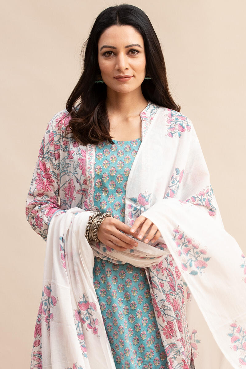 Pink Block Printed Straight Cotton Kurta