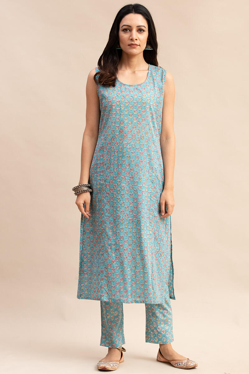 Pink Block Printed Straight Cotton Kurta