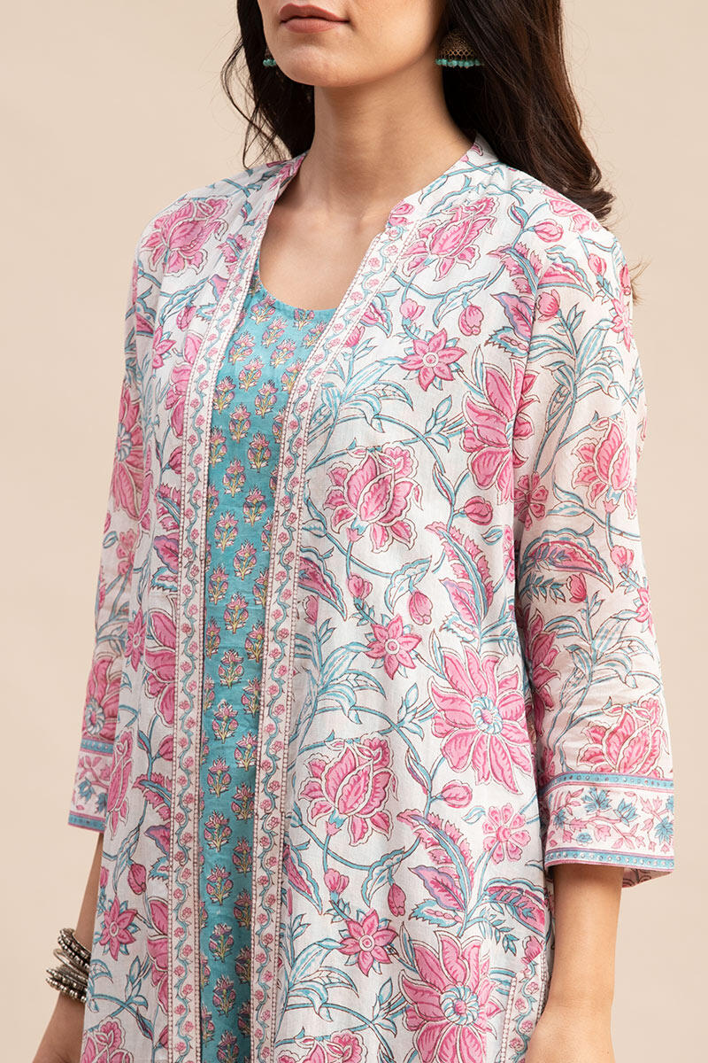 Pink Block Printed Straight Cotton Kurta