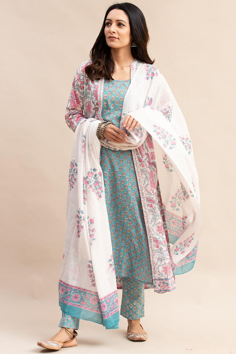 Pink Block Printed Straight Cotton Kurta