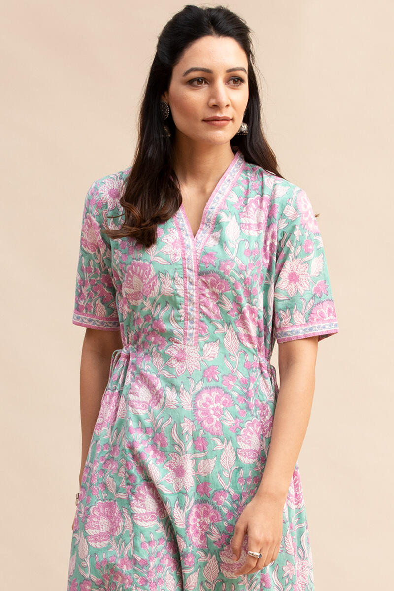 Green Block-Printed Cotton Dress