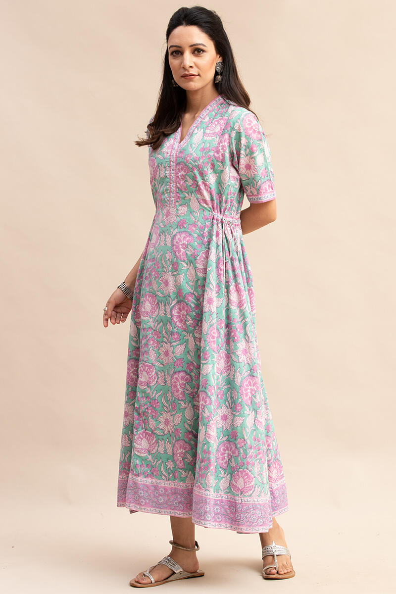 Green Block-Printed Cotton Dress
