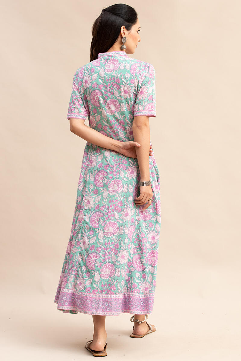 Green Block-Printed Cotton Dress