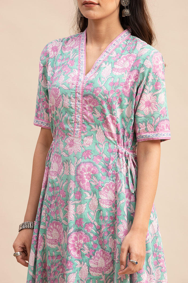 Green Block-Printed Cotton Dress