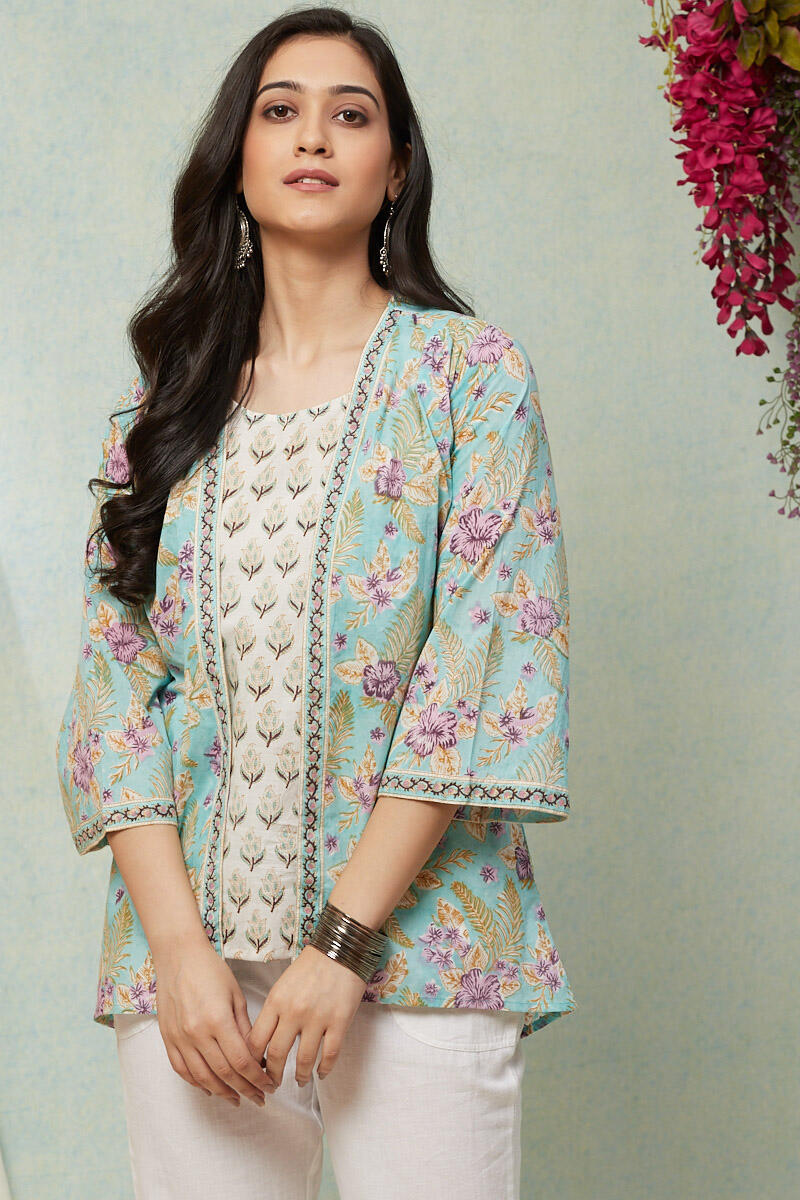Green Block Printed Cotton Kimono