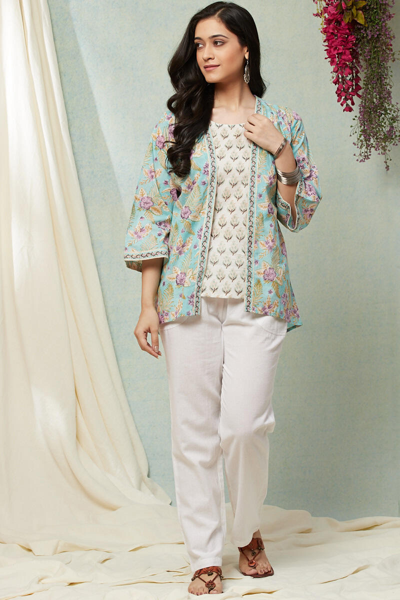 Green Block Printed Cotton Kimono