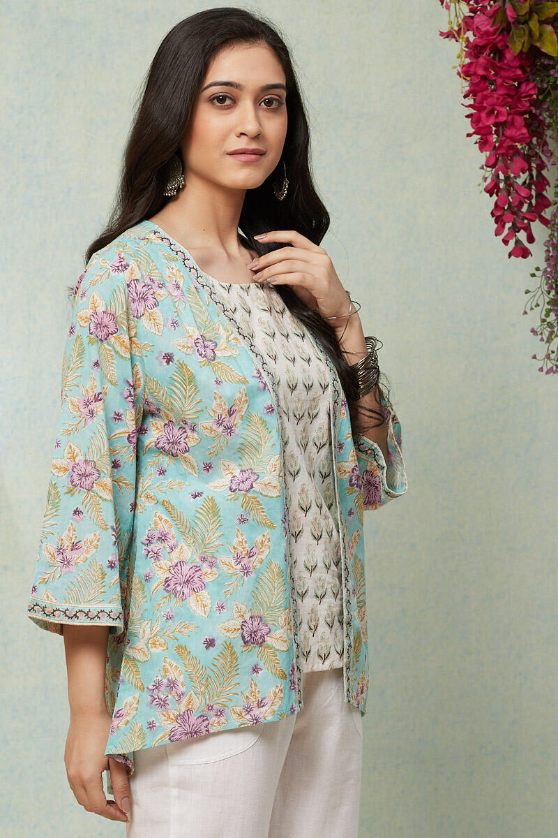 Green Block Printed Cotton Kimono