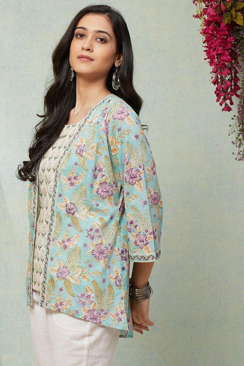 Green Block Printed Cotton Kimono