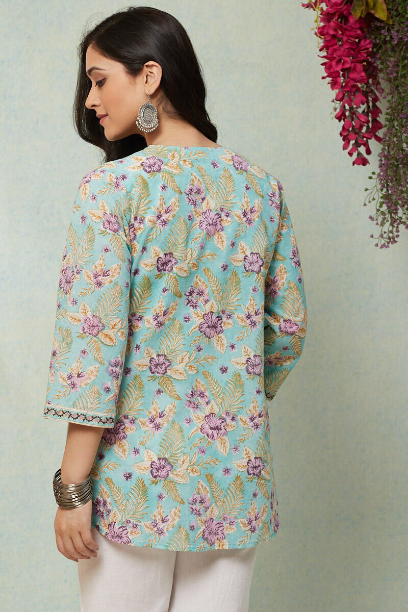 Green Block Printed Cotton Kimono
