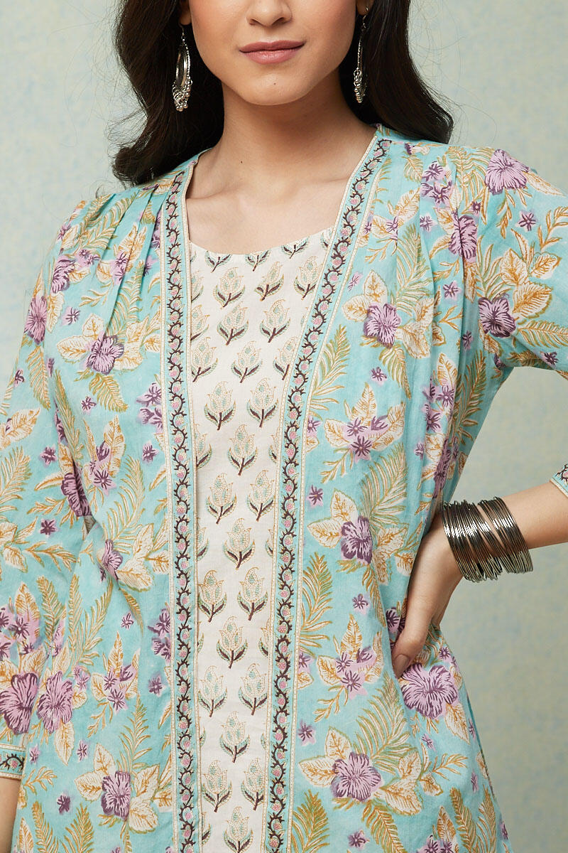 Green Block Printed Cotton Kimono