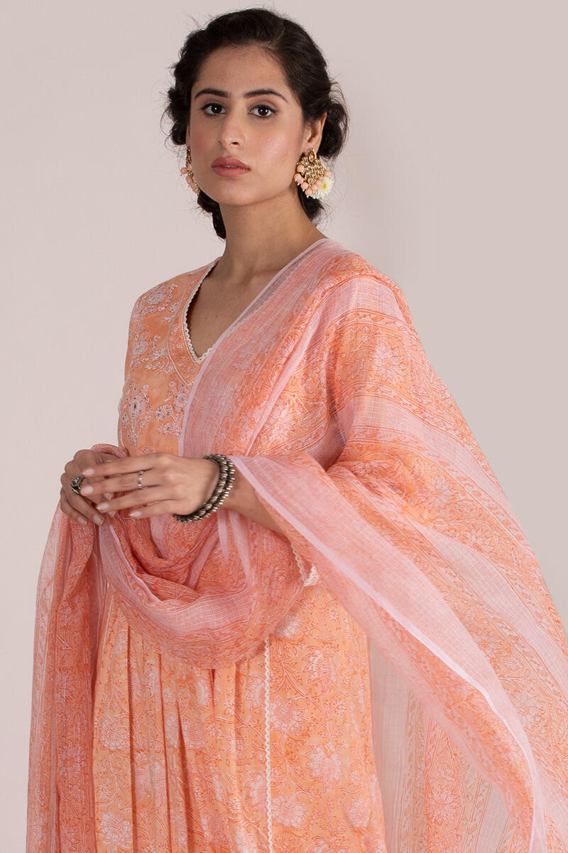 Orange Block Printed Kota Dupatta