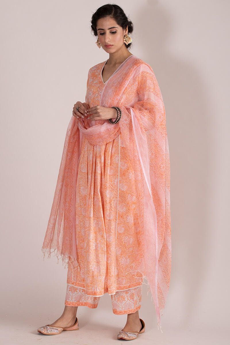 Orange Block Printed Kota Dupatta