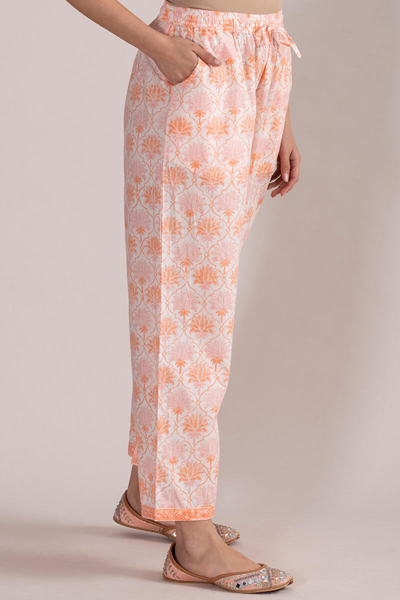 White Block Printed Cotton Straight Farsi Pants