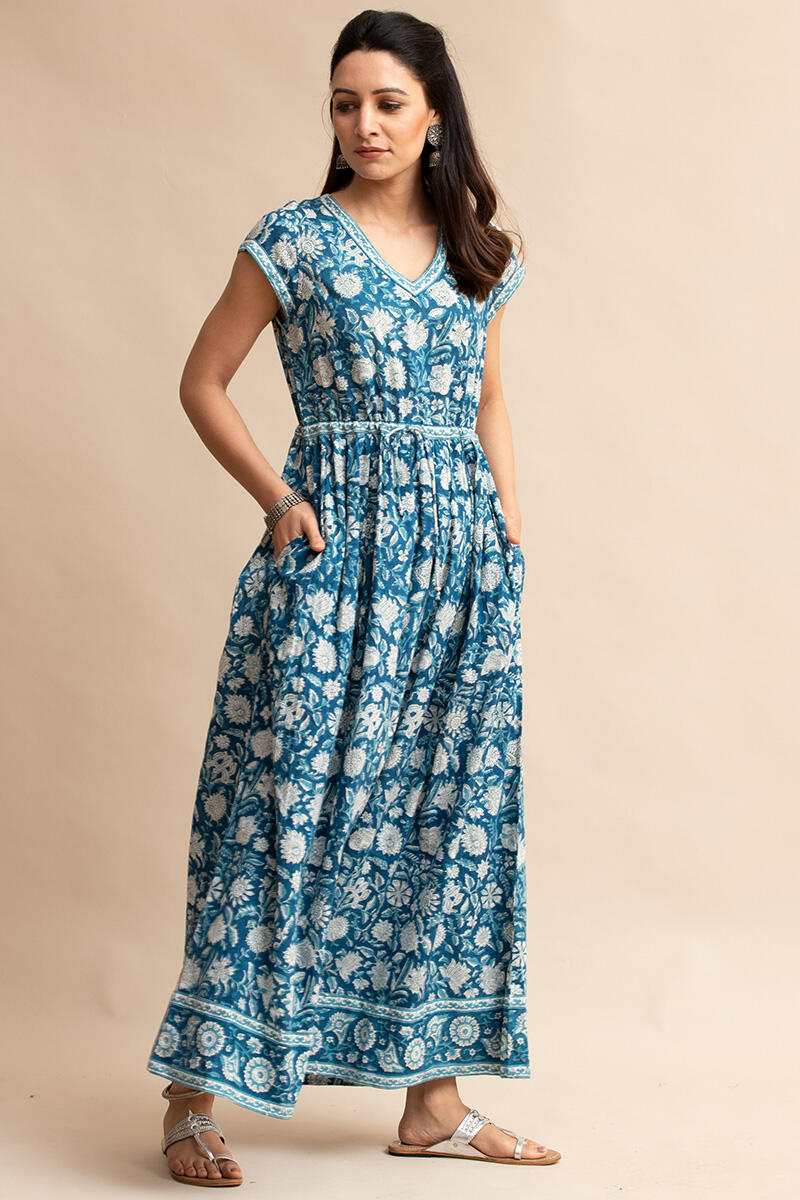 Turquoise Block Printed Cotton Dress