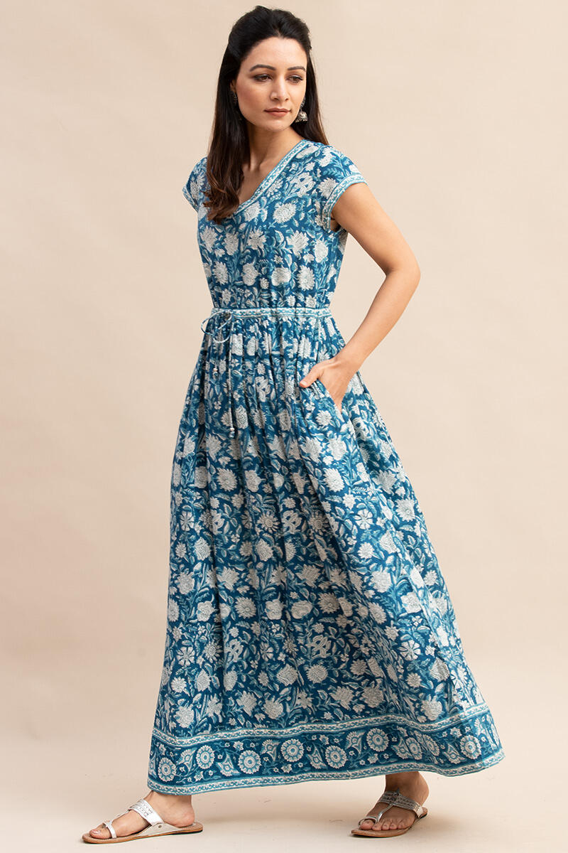 Turquoise Block Printed Cotton Dress