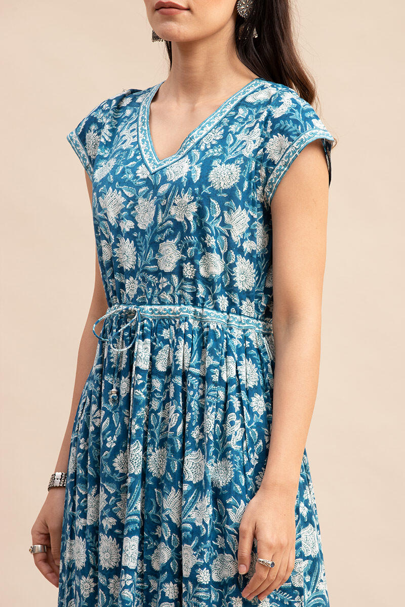 Turquoise Block Printed Cotton Dress