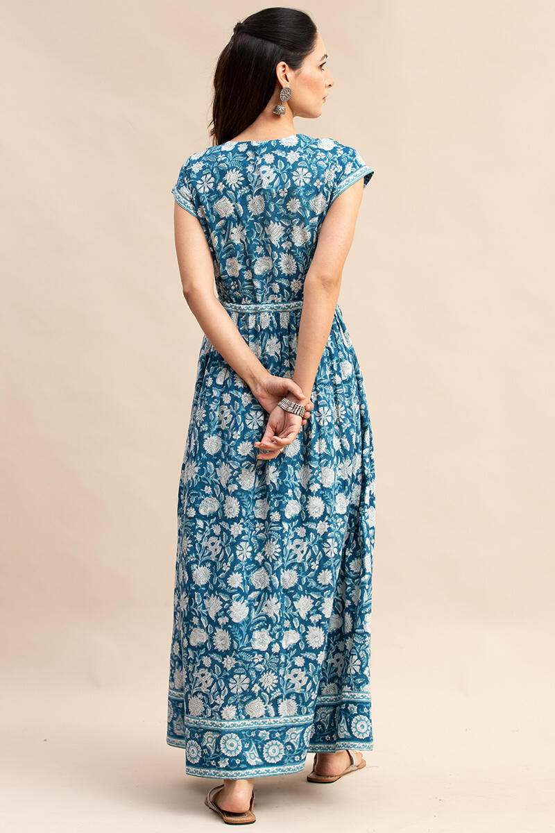 Turquoise Block Printed Cotton Dress