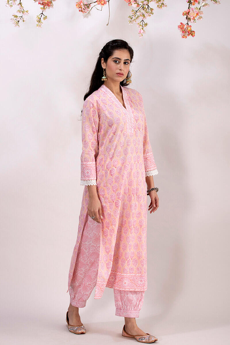 Peach Block Printed Straight Cotton Kurta