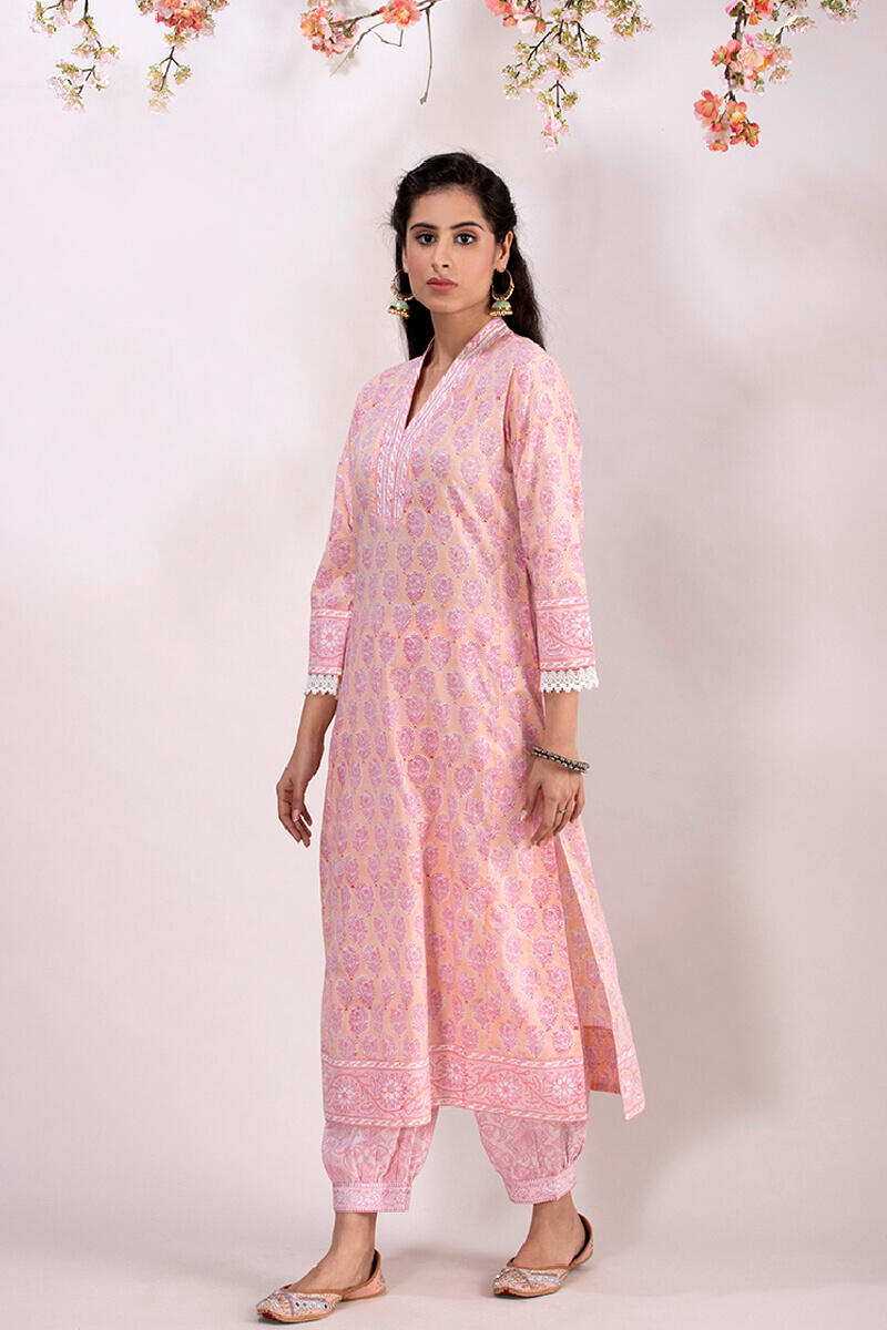 Peach Block Printed Straight Cotton Kurta