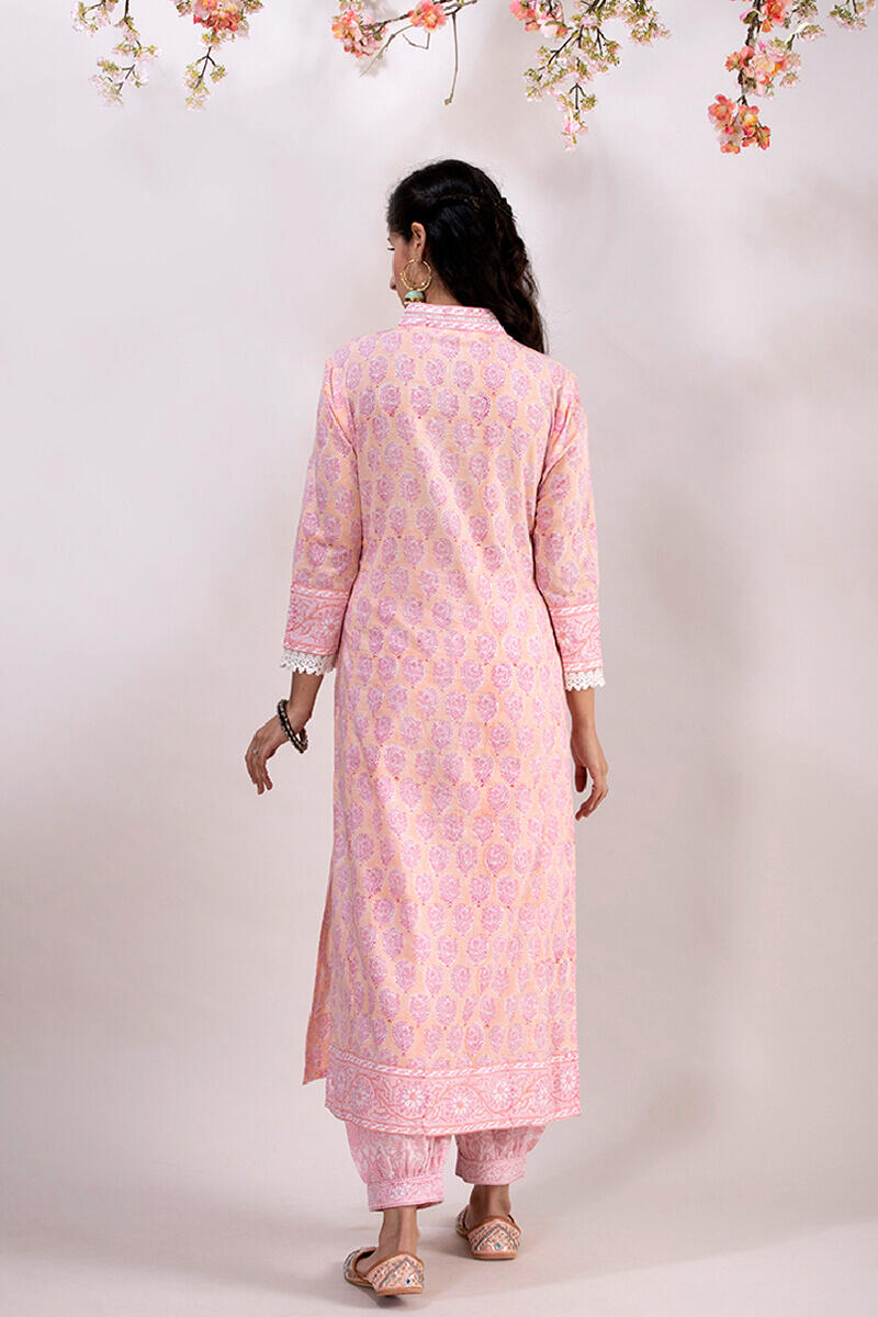 Peach Block Printed Straight Cotton Kurta