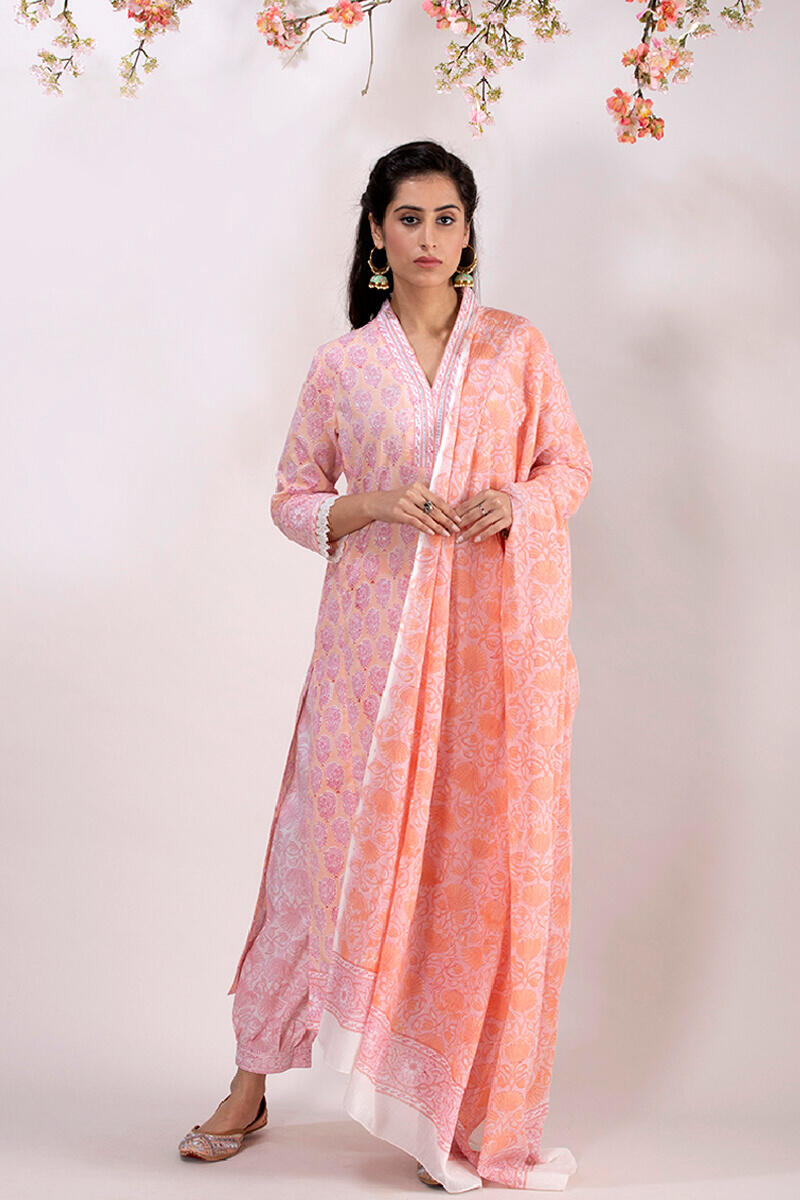 Peach Block Printed Straight Cotton Kurta