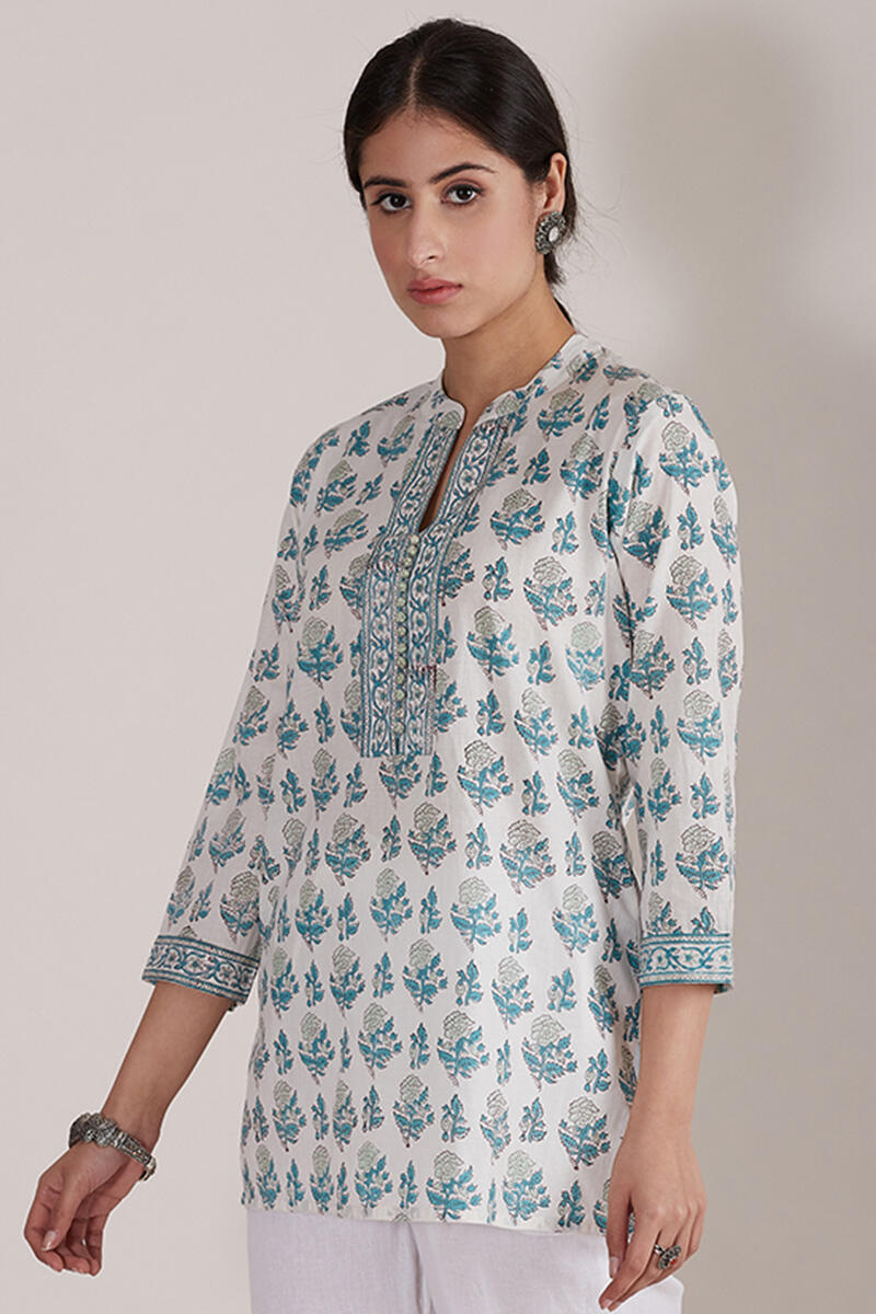 Turquoise Block Printed Cotton Top