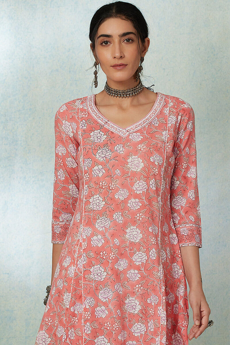 Peach Block Printed A-line Cotton Kurta