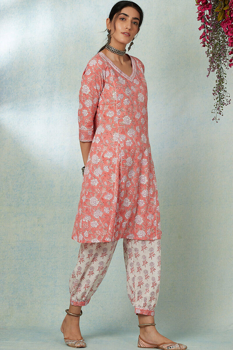 Peach Block Printed A-line Cotton Kurta