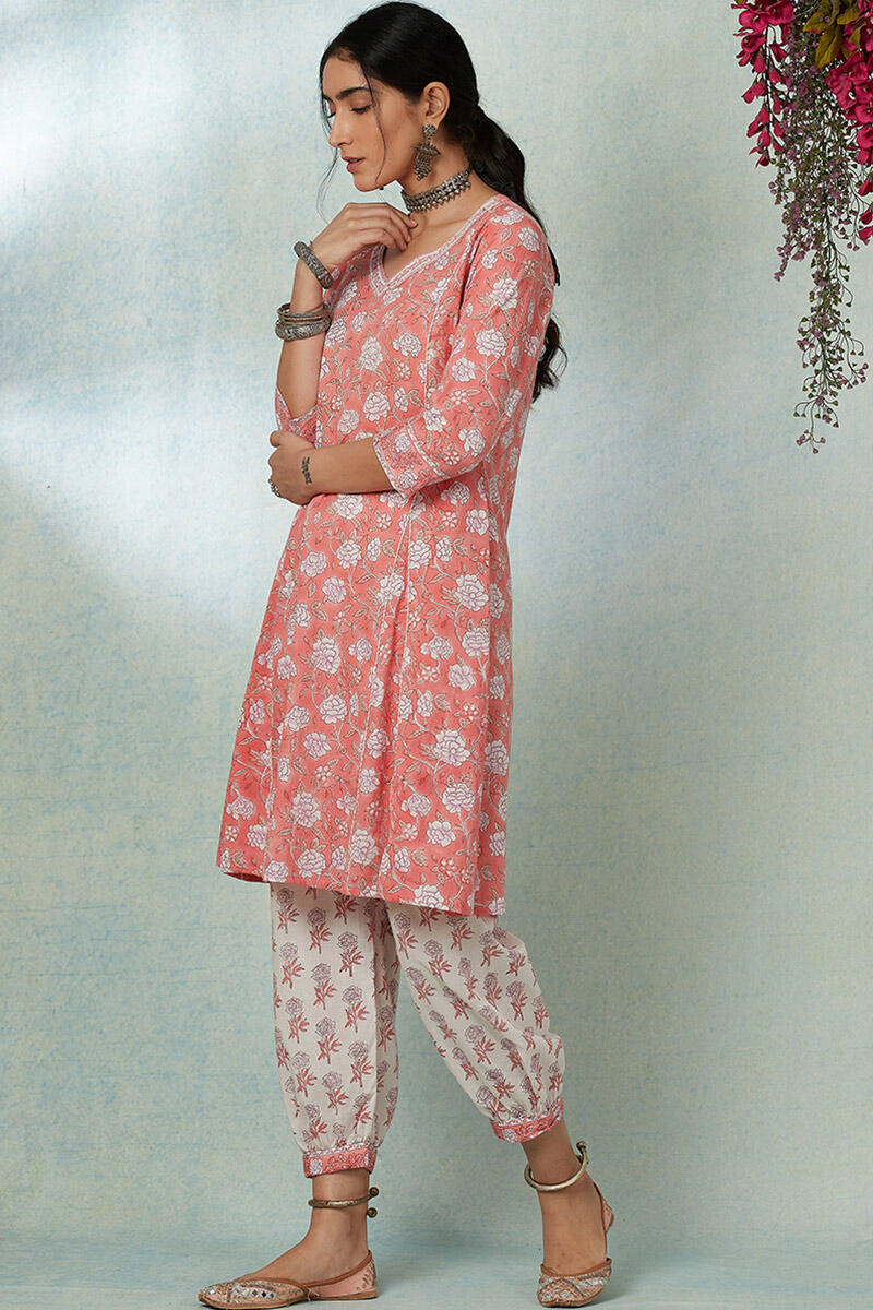 Peach Block Printed A-line Cotton Kurta