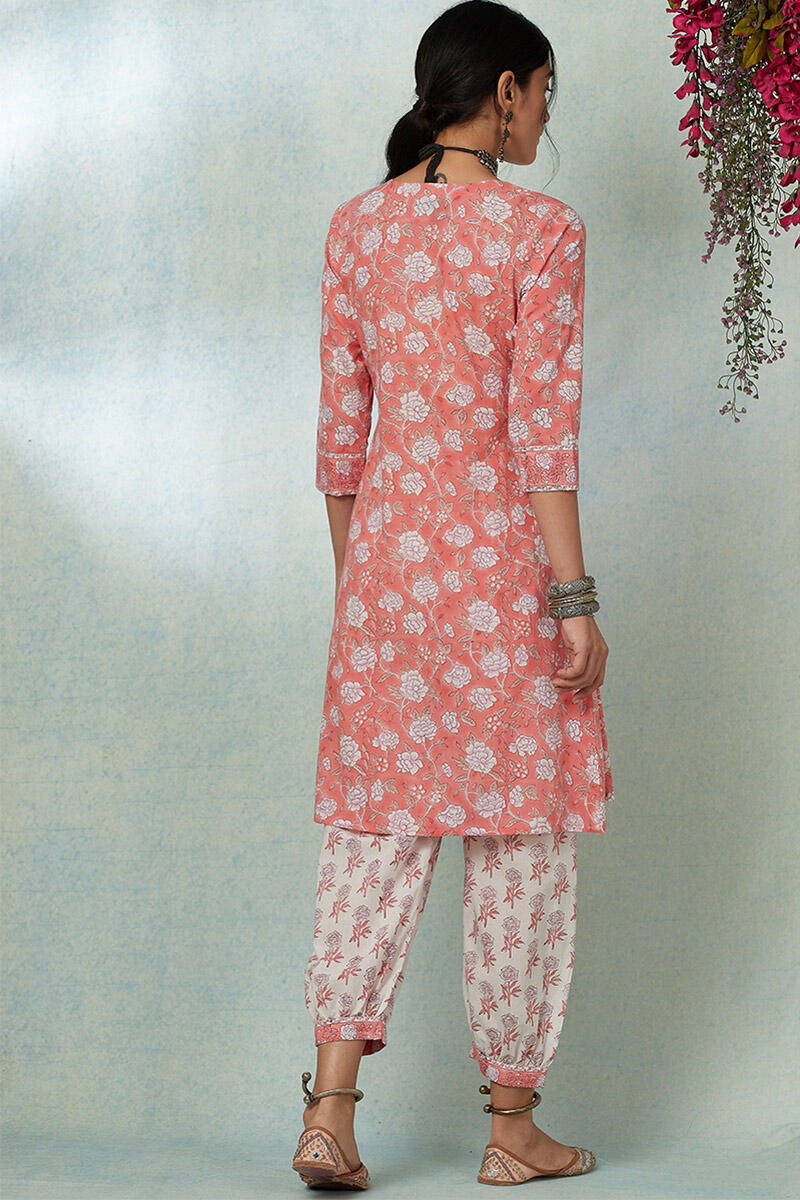 Peach Block Printed A-line Cotton Kurta