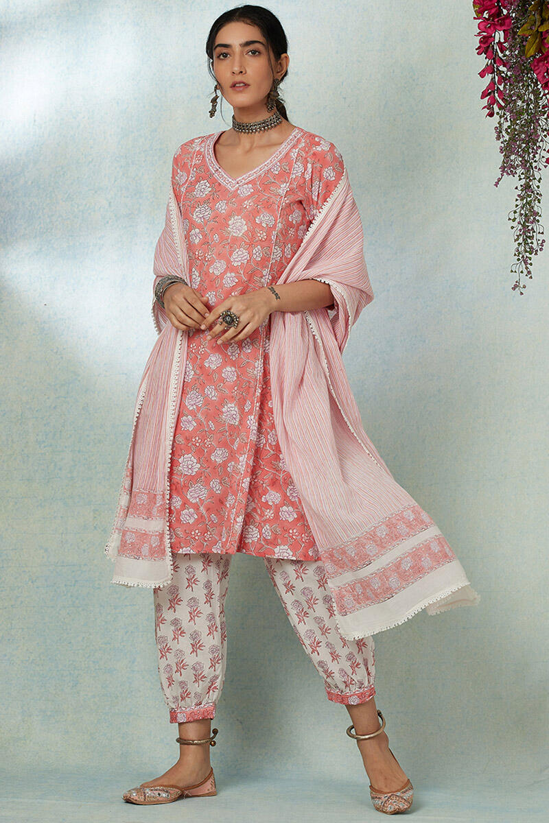 Peach Block Printed A-line Cotton Kurta