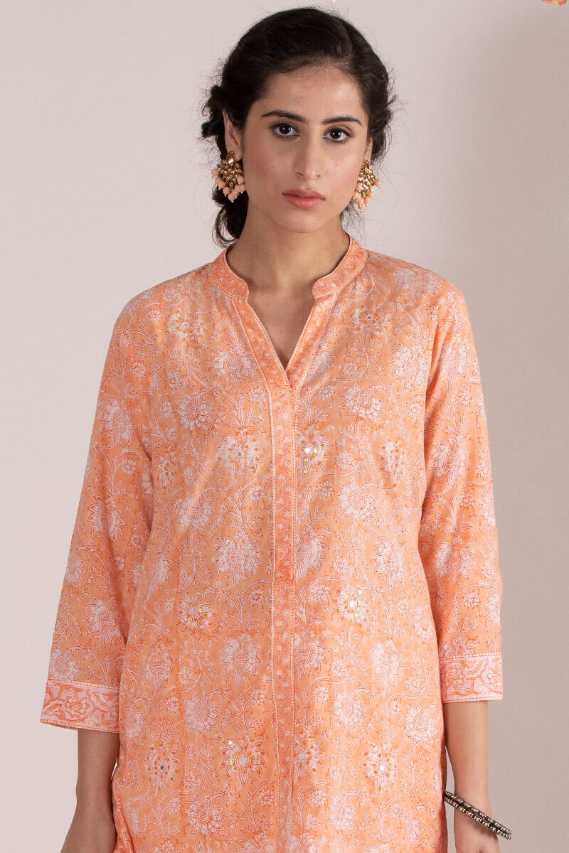 Orange Block Printed Straight Cotton Kurta