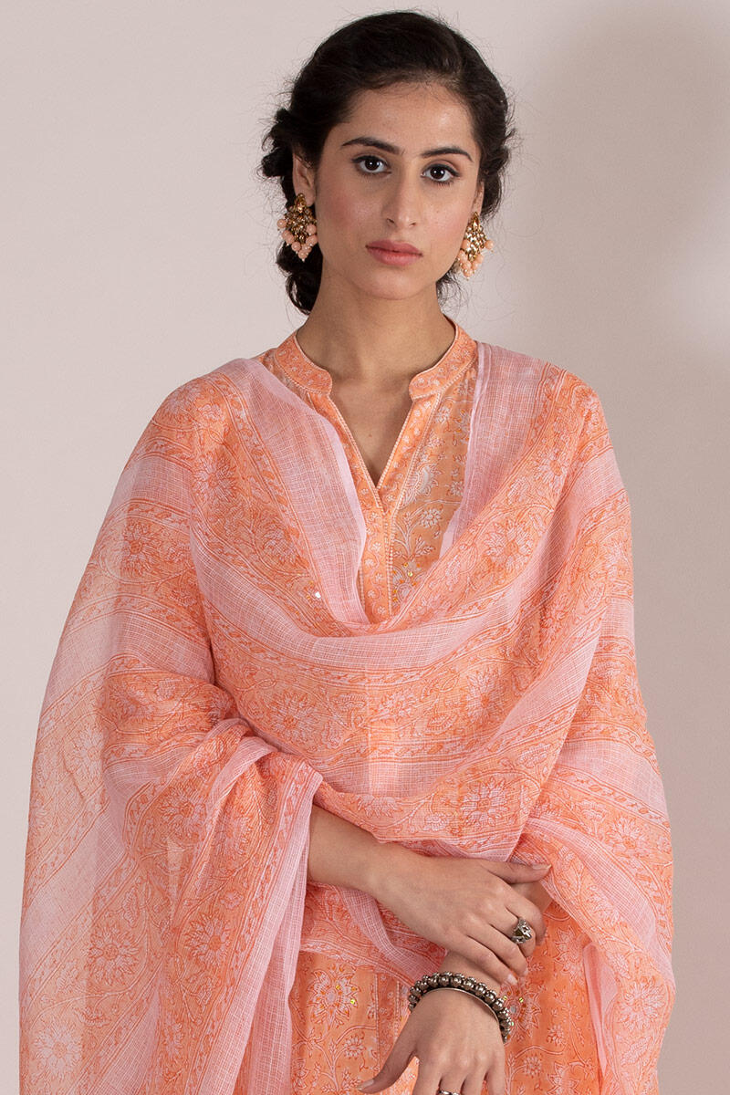 Orange Block Printed Straight Cotton Kurta